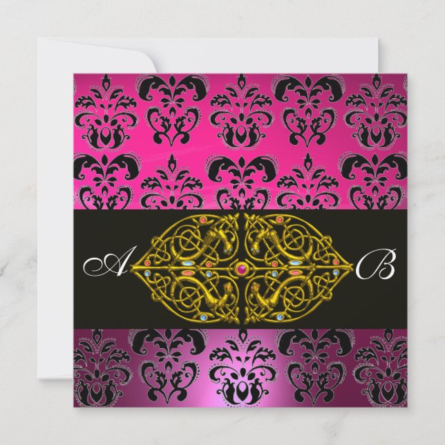 PINK PURPLE BLACK  DAMASK MONOGRAM ,fuchsia,gold Invitation (Front)