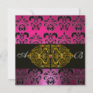 PINK PURPLE BLACK DAMASK MONOGRAM ,fuchsia,gold Invitation
