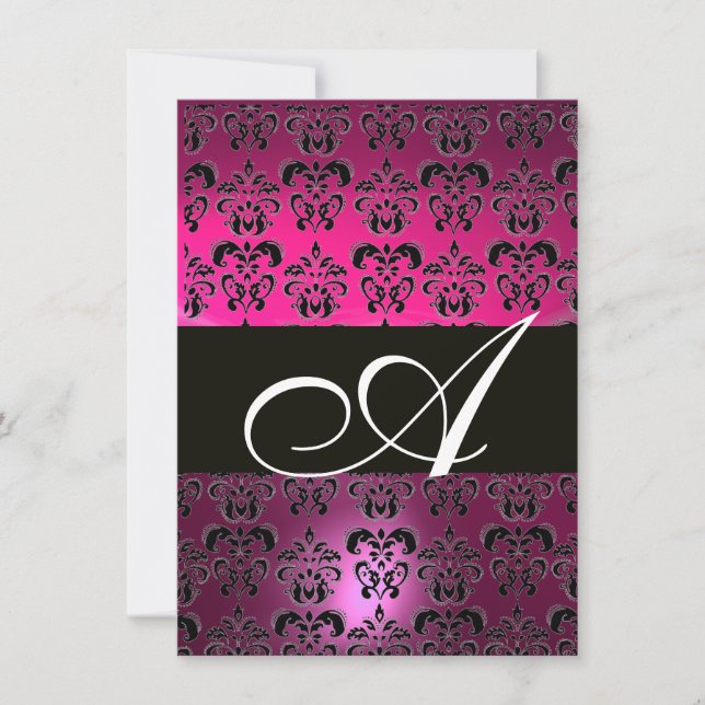 PINK PURPLE BLACK  DAMASK MONOGRAM  fuchsia white Invitation (Front)