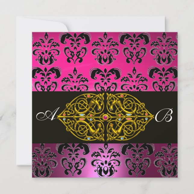 PINK PURPLE BLACK  DAMASK MONOGRAM ,gold Invitation (Front)