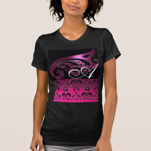 PINK PURPLE BLACK DAMASK MONOGRAM white fuchsia T_Shirt