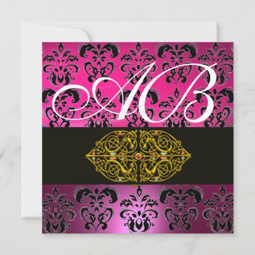 PINK PURPLE BLACK  DAMASK MONOGRAM  white Invitation