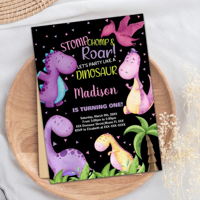 Pink Purple Black Dinosaur Birthday Invitations (Pink Purple Black Dinosaur Birthday Invitations)