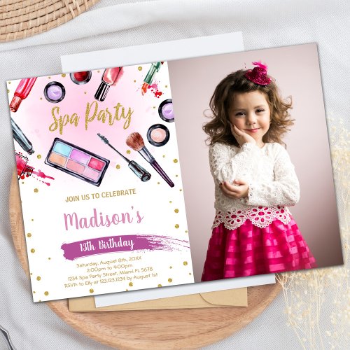 Pink Purple Black Glitter Photo Spa Birthday Invitation