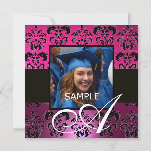PINK PURPLE BLACK GRADUATION DAMASK  MONOGRAM INVITATION (Front)