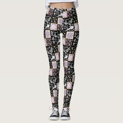 Pink Purple Black Peacocks and Flowers Patchwork Leggings