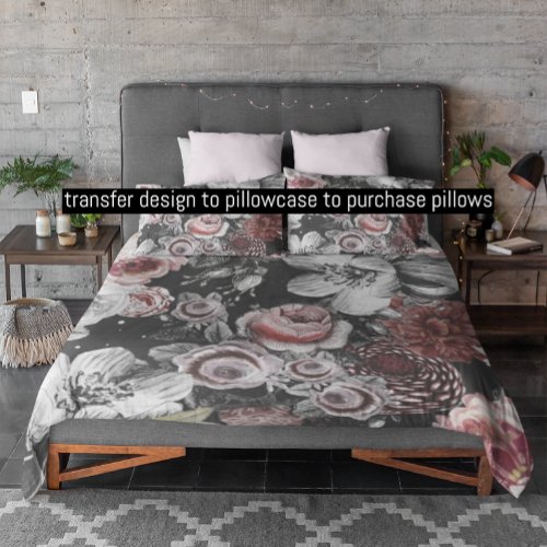 Pink Purple Black  White Victorian Rose Floral Duvet Cover