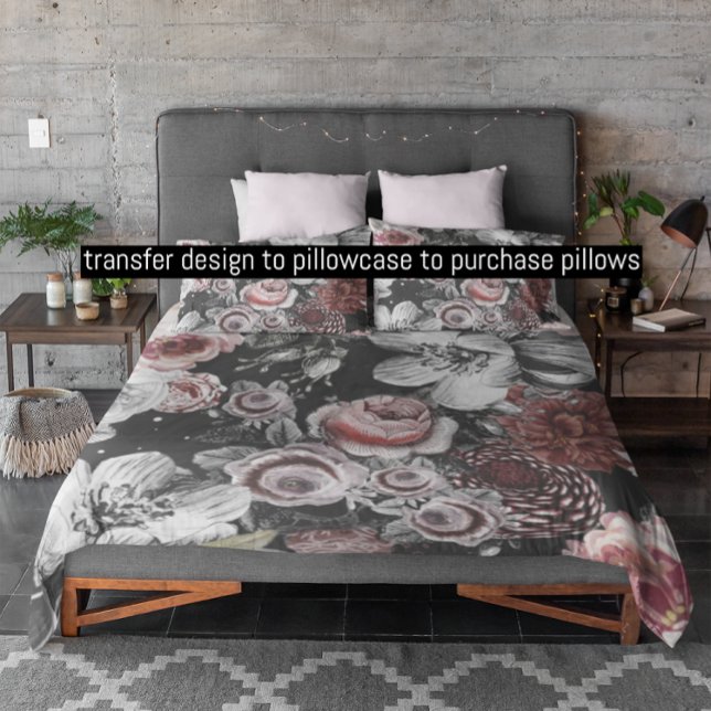 Pink Purple Black & White Victorian Rose Floral Duvet Cover (This listing is for Duvet Cover. 
Transfer design to purchase pillowcases.)