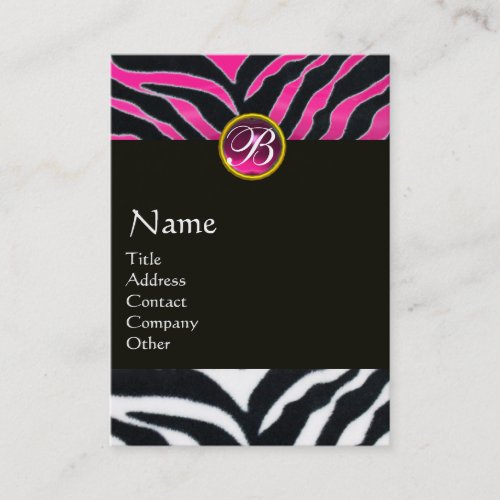 PINKPURPLE BLACK WHITE ZEBRA FUR MONOGRAM BUSINESS CARD