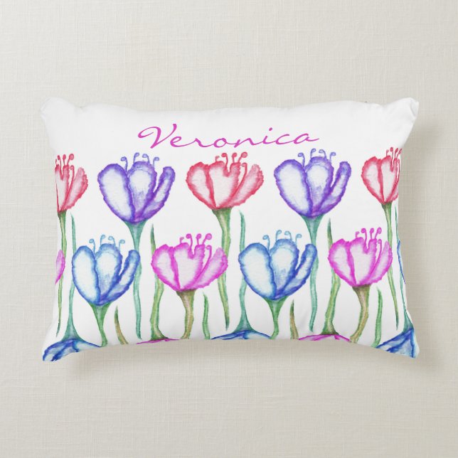 Pink Purple Blue and Red Watercolor Tulip Monogram Decorative Pillow (Front)