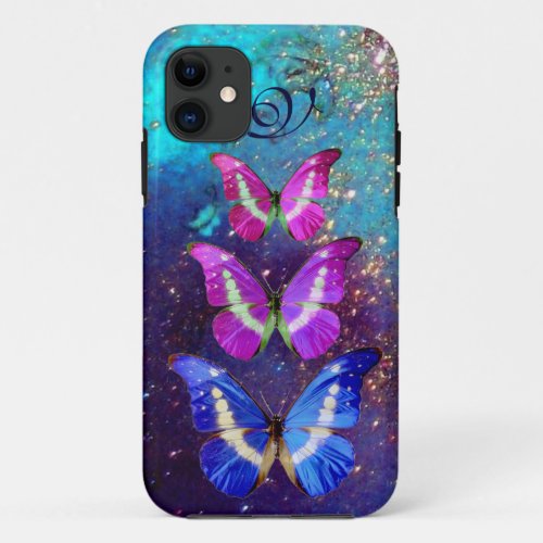 PINK PURPLE BLUE BUTTERFLIES IN GOLD SPARKLES iPhone 11 CASE