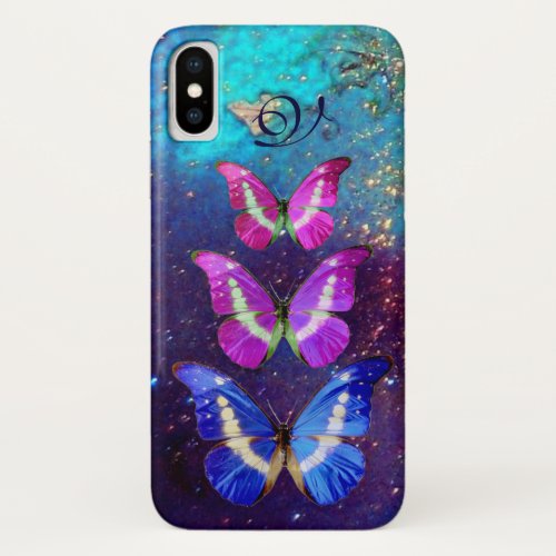 PINK PURPLE BLUE BUTTERFLIES IN GOLD SPARKLES iPhone XS CASE
