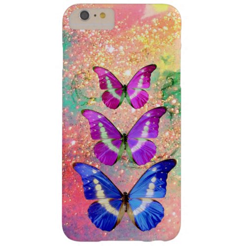 PINK PURPLE BLUE BUTTERFLIES IN GOLD SPARKLES BARELY THERE iPhone 6 PLUS CASE