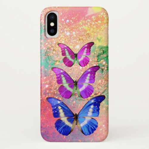 PINK PURPLE BLUE BUTTERFLIES IN GOLD SPARKLES iPhone X CASE
