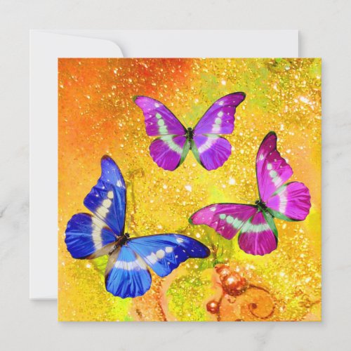PINK PURPLE BLUE BUTTERFLIES IN GOLD SPARKLES HOLIDAY CARD