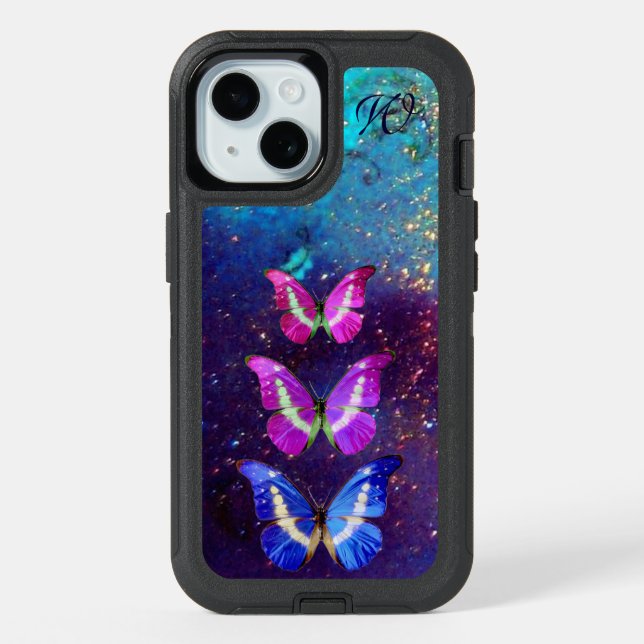 PINK PURPLE BLUE BUTTERFLIES IN GOLD SPARKLES iPhone 15 CASE (Back)