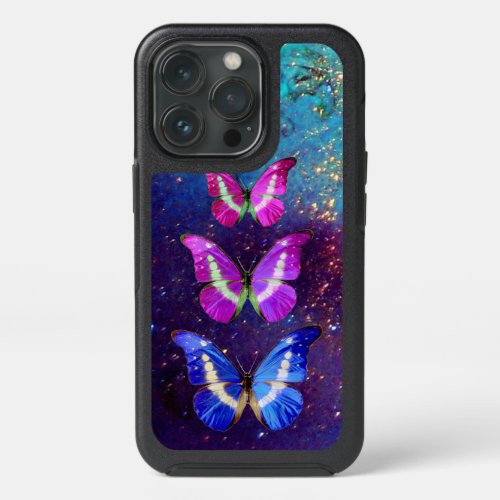 PINK PURPLE BLUE BUTTERFLIES IN GOLD SPARKLES iPhone 13 PRO CASE