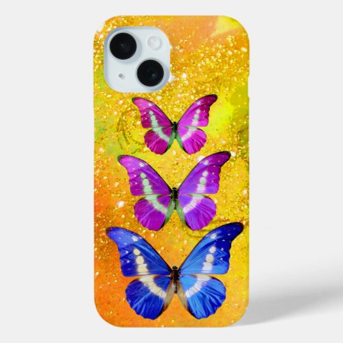 PINK PURPLE BLUE BUTTERFLIES IN GOLD YELLOW iPhone 15 CASE