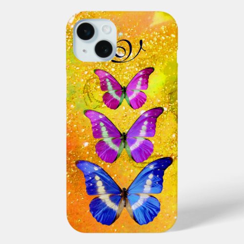 PINK PURPLE BLUE BUTTERFLIES IN GOLD YELLOW iPhone 15 PLUS CASE