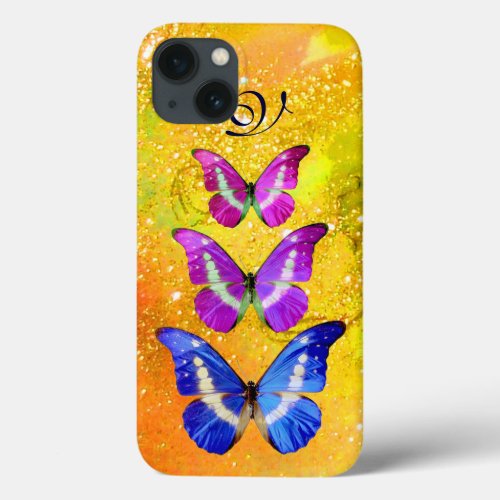 PINK PURPLE BLUE BUTTERFLIES IN GOLD YELLOW iPhone 13 CASE