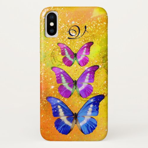 PINK PURPLE BLUE BUTTERFLIES IN GOLD YELLOW iPhone X CASE