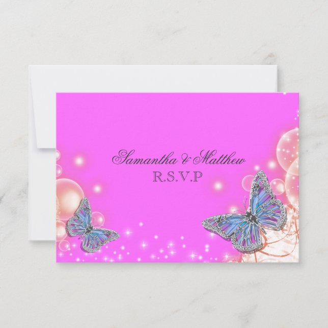 Pink purple blue butterfly wedding rsvp (Front)