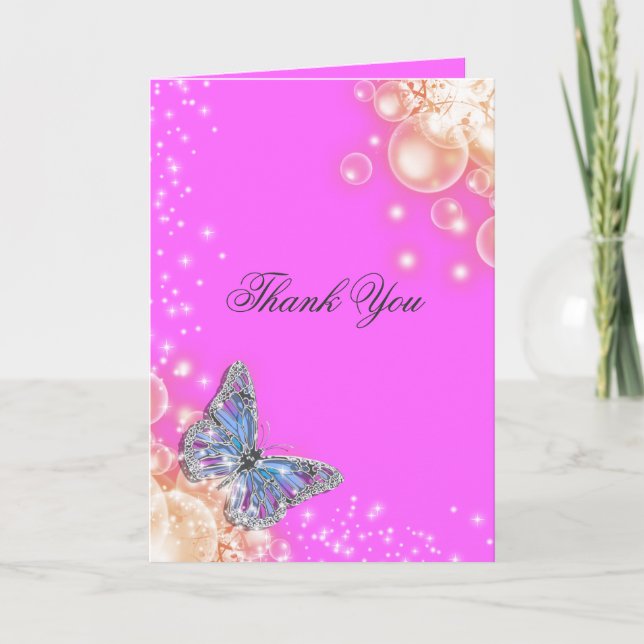 Pink purple blue butterfly wedding thank you card (Front)