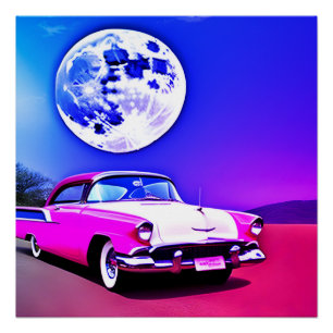 Pink purple blue car in blue moon sky ai art  poster