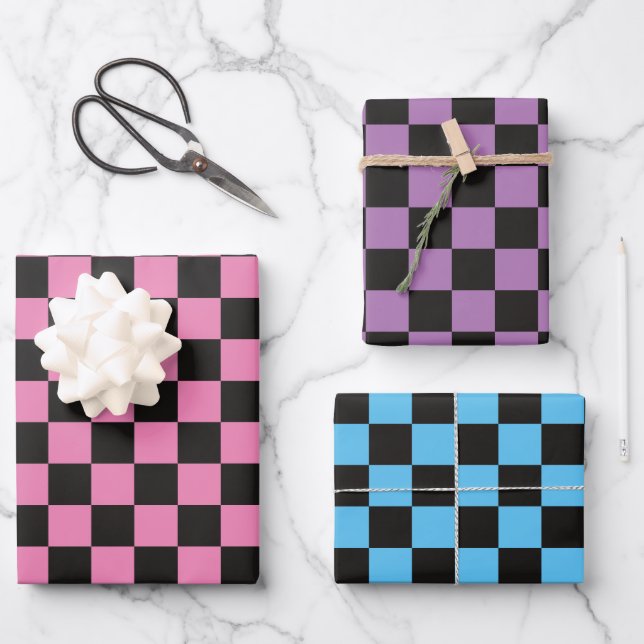 Pink Purple Blue Checkered  Wrapping Paper Sheets (Front)