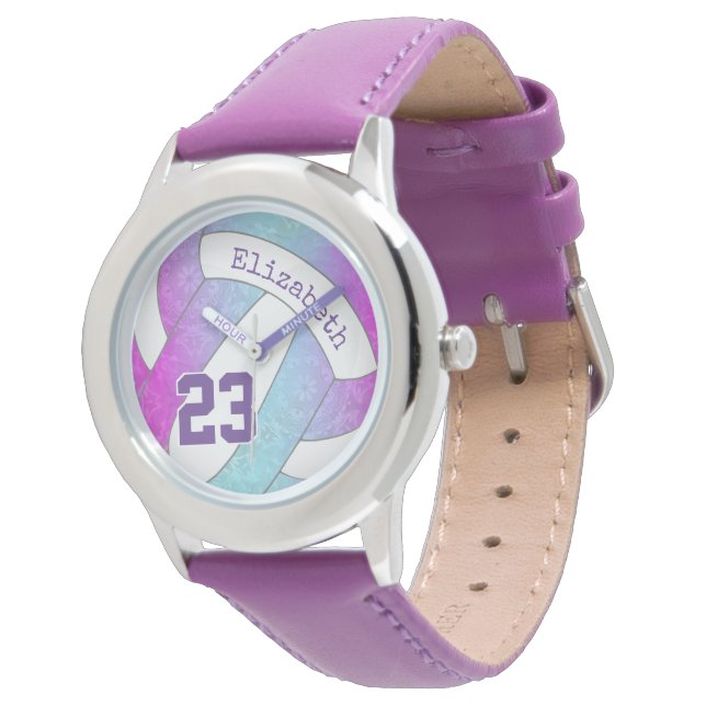 pink purple blue colorful girly volleyball watch (Angled)
