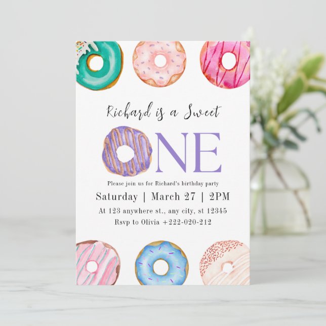 Pink Purple Blue Donut Birthday Party Invitation (Standing Front)