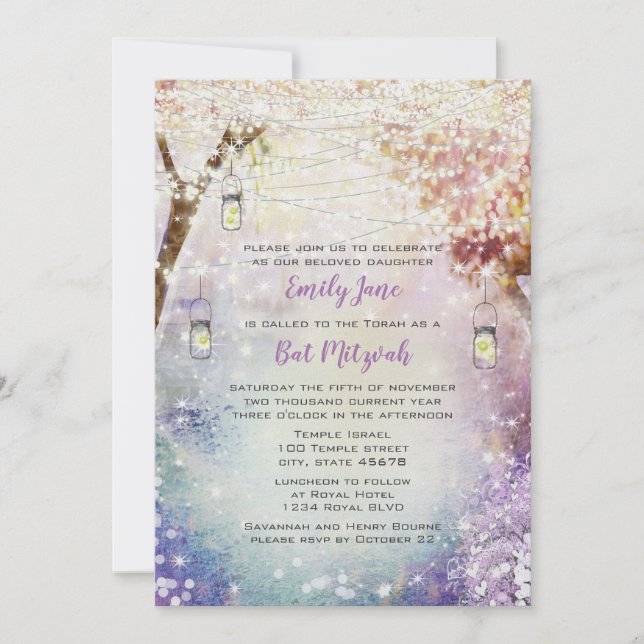 Pink Purple Blue Fairy Lights Boho Forest  Invitation (Front)