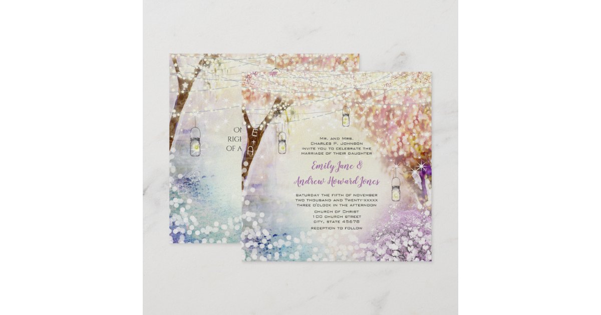 Pink Purple Blue Fairy Lights Boho Forest Wedding Invitation Zazzle Com
