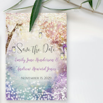 Pink Purple Blue Fairy Lights Boho Forest Wedding Save The Date by samack at Zazzle