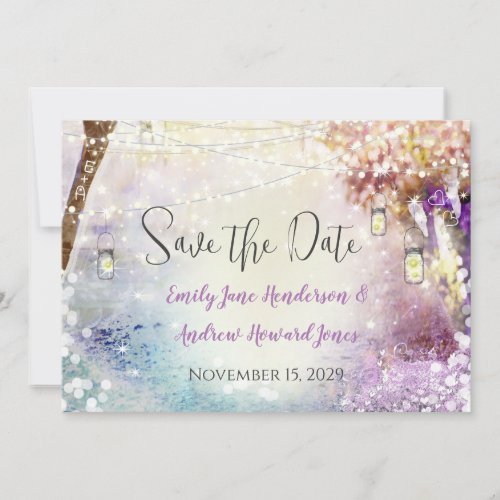 Pink Purple Blue Fairy Lights Boho Forest Wedding Save The Date