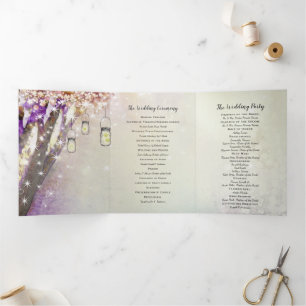 Pink Purple Blue Fairy Lights Boho Forest Wedding Tri-Fold Program