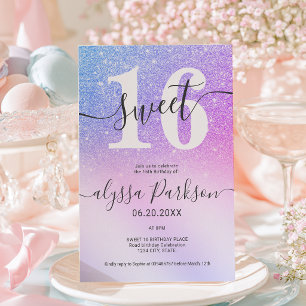 Pink Purple Blue Faux Glitter Sweet 16 Invitation