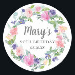 Pink Purple Blue  Floral 90th Birthday Classic Round Sticker<br><div class="desc">Beautiful floral wreath features pink roses, blue peonies and soft green leaves.The Birthday celebrants name is written in a pretty script text. 90th Birthday and the date follow. Elegant way to seal invitation envelopes or party favors. This 90th birthday envelope seal is part of the 90th Birthday Festive Floral collection....</div>