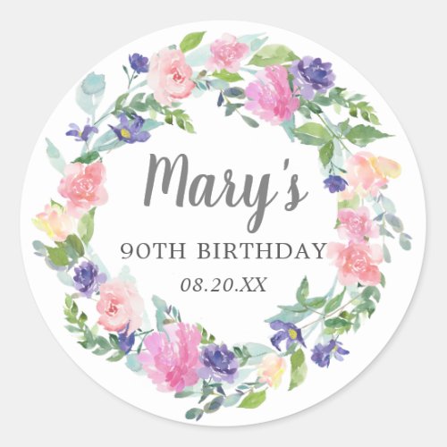 Pink Purple Blue  Floral 90th Birthday Classic Round Sticker