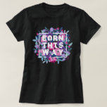 Pink Purple Blue Floral Bi Pride T-Shirt<br><div class="desc">Bi pride tee in black with Born This Way written in bold white letters on a bed of flowers, berries, and leaves in the pink, blue, and purple hues of the bisexual pride flag.</div>
