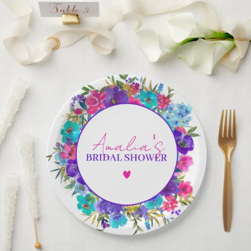 Pink Purple Blue Floral Bridal Shower Paper Plates