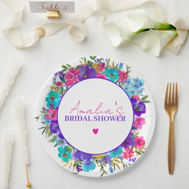 Pink Purple Blue Floral Bridal Shower Paper Plates (Wedding)
