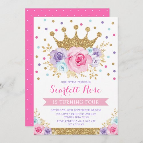 Pink Purple Blue Floral Crown Princess Birthday Invitation
