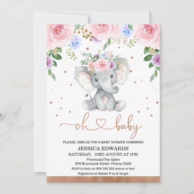 Pink Purple Blue Floral Elephant Baby Shower Invitation (Front)