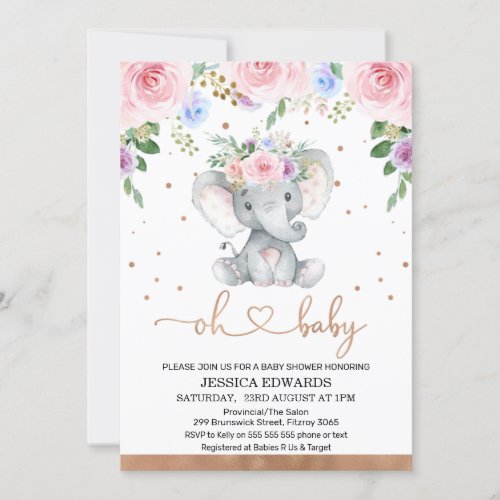 Pink Purple Blue Floral Elephant Baby Shower Invitation - Pink Purple Blue Floral Elephant Baby Shower Invitation 

This pink, purple and blue floral baby shower invitation also features some faux rose gold dots, heart calligraphy heading and band as well as a cute watercolor elephant.