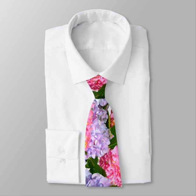Pink purple blue floral Hydrangea Bouquet Neck Tie (Tied)