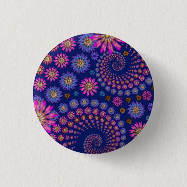 Pink Purple Blue Floral Pattern on Blue Pinback Button (Front)