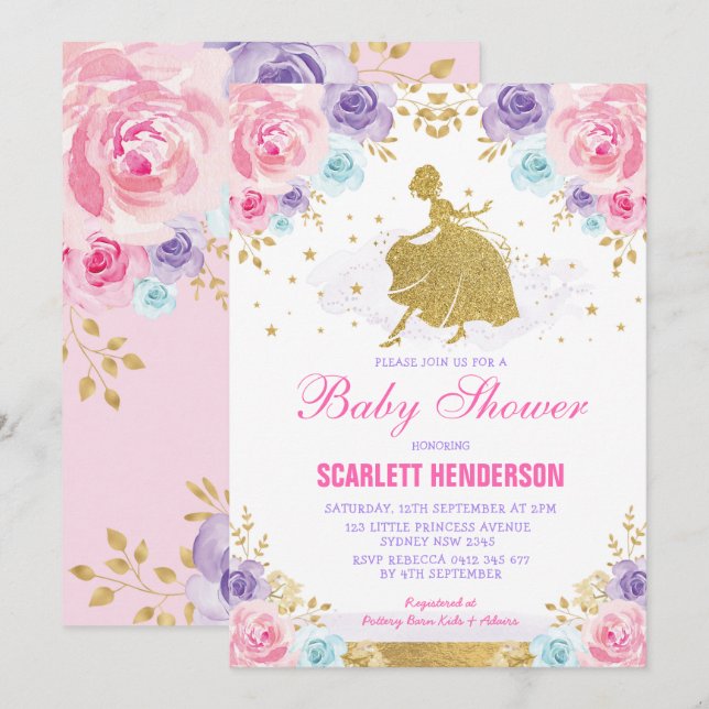 Pink Purple Blue Floral Royal Princess Baby Shower Invitation (Front/Back)