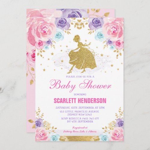 Pink Purple Blue Floral Royal Princess Baby Shower Invitation