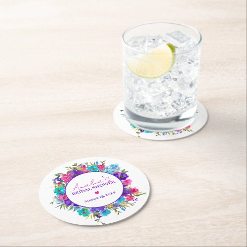 Pink Purple Blue Flower Bridal Shower Round Paper Coaster